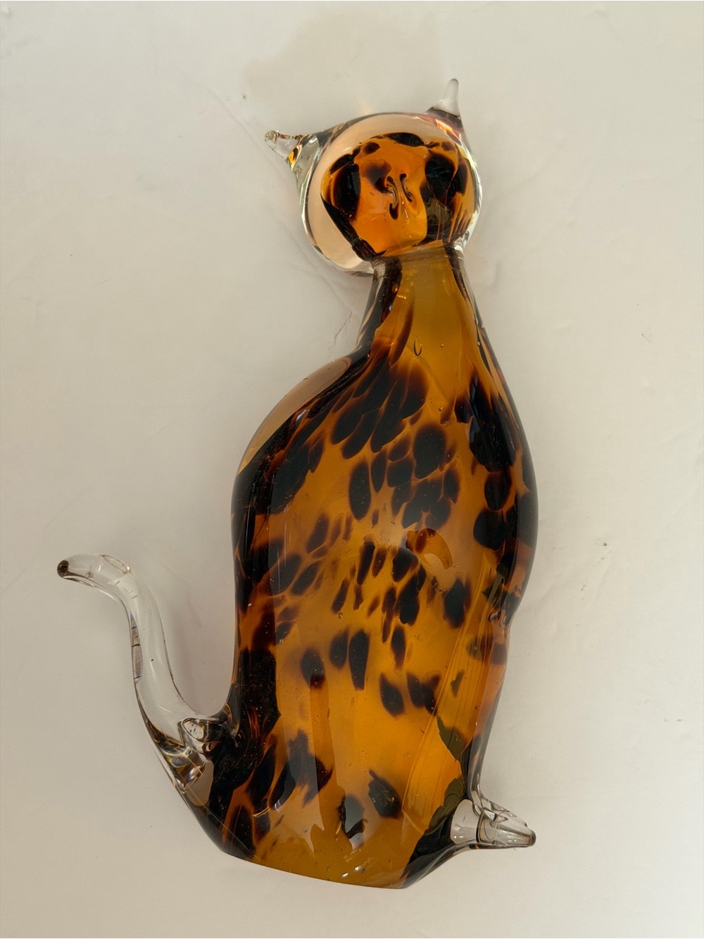 Handblown Glass Cat Figurine in Amber and Black 8 3/8”